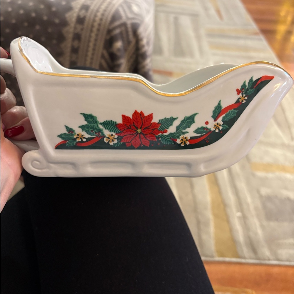 Holiday Tienshan Vintage Sleigh Dish with Poinsettia and Gold Trim